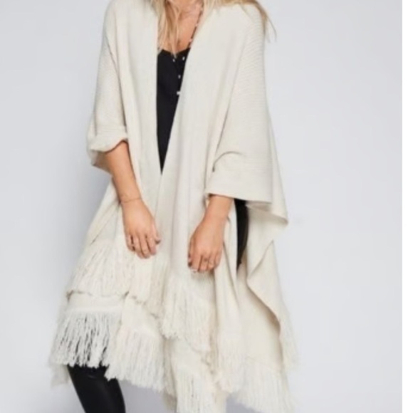 Free People Solstice Ribbed Fringe Kimono Cardigan Sweater Boho Oversized OS - Picture 6 of 6